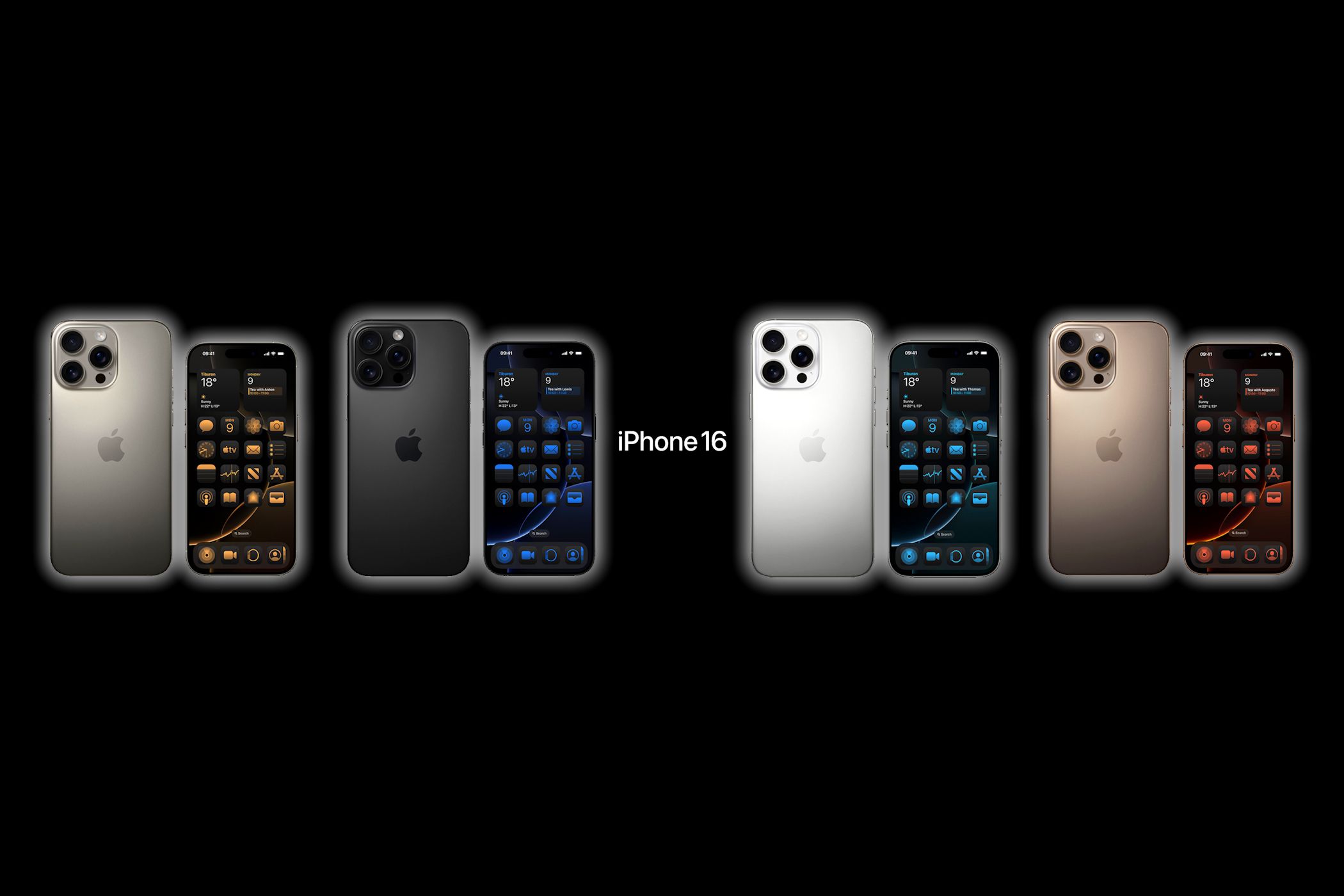 iphone 16s in a row with a black back